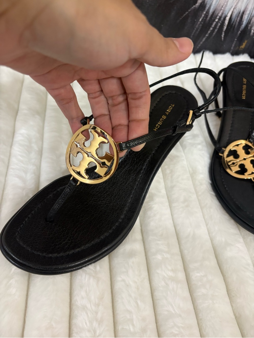 Tory Burch Black Leather Thong Sandals with Gold Logo Medallion